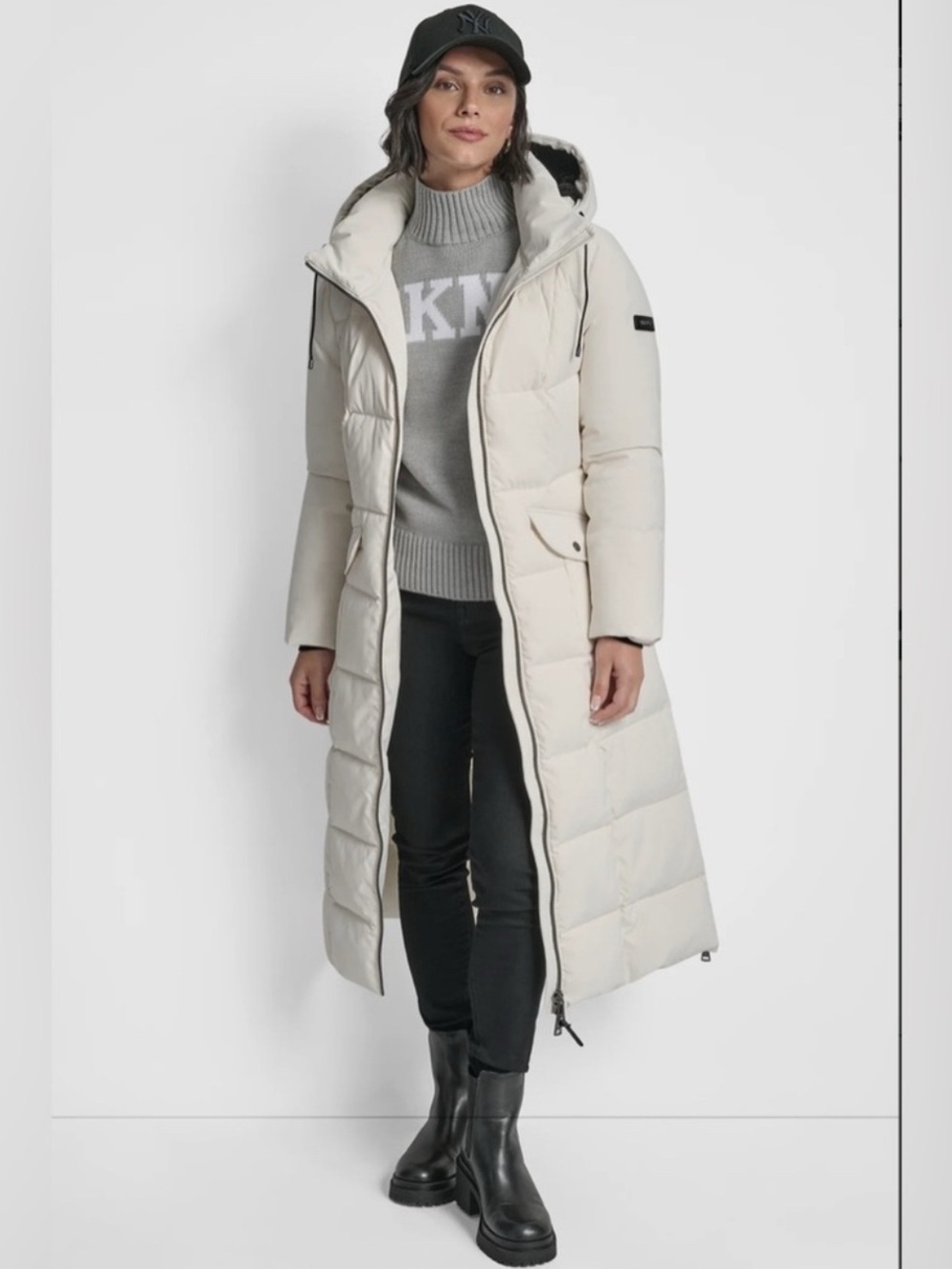 🌸 DKNY Cream Long Quilted Hooded Puffer Coat with Black Belt - Picture 2 of 9